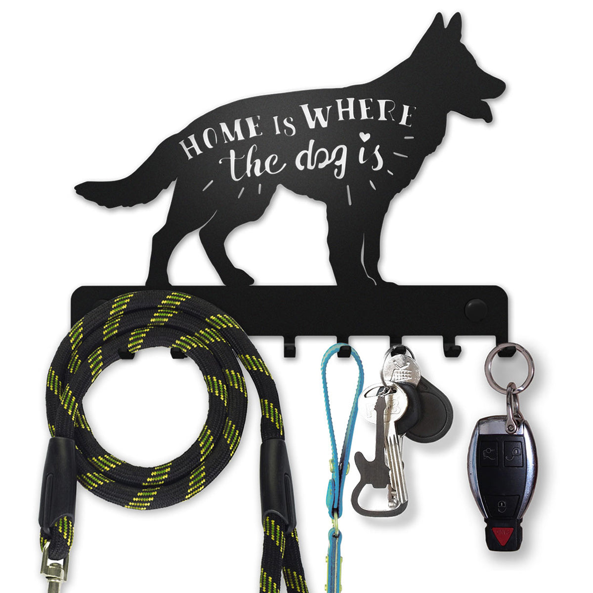 German Shepherd - "Home is Where the Dog is" - Wall-Mounted Key and Leash Holder